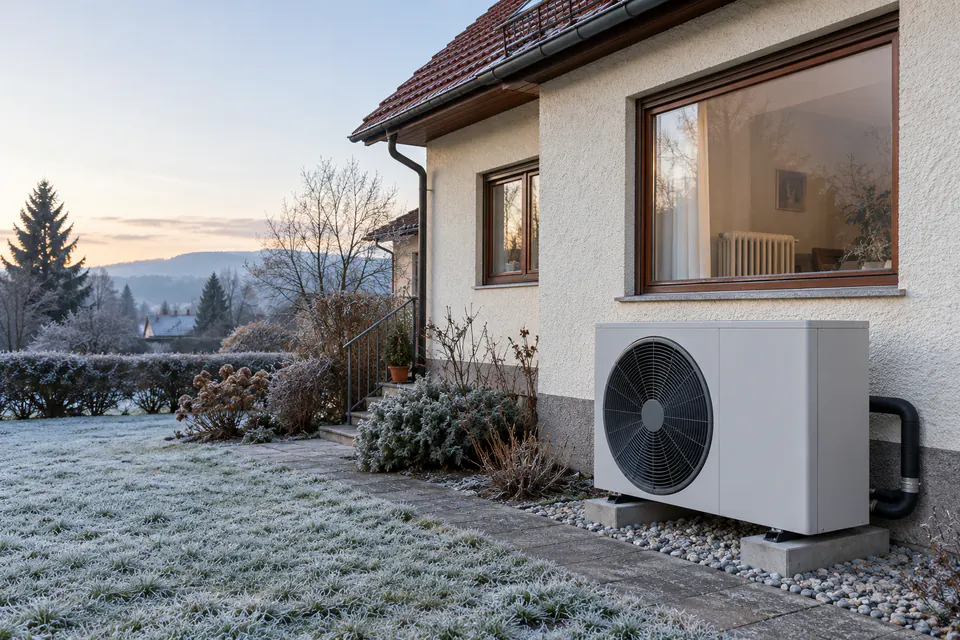 Außengerät einer Hochtemperatur-Wärmepumpe vor einem älteren Wohnhaus mit Heizkörpern